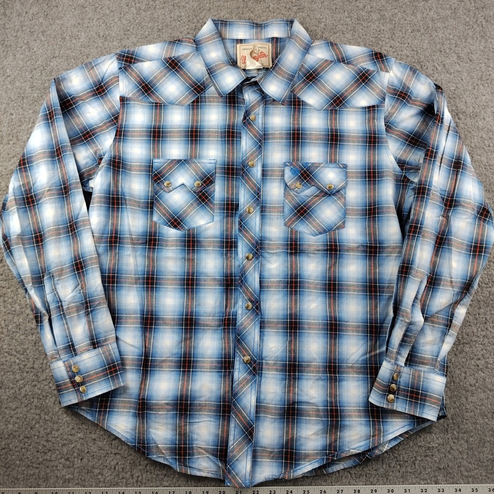 VTG Wrangler Pearl Snap Shirt Cotton Mens XL Western Plaid Blue Western Rodeo